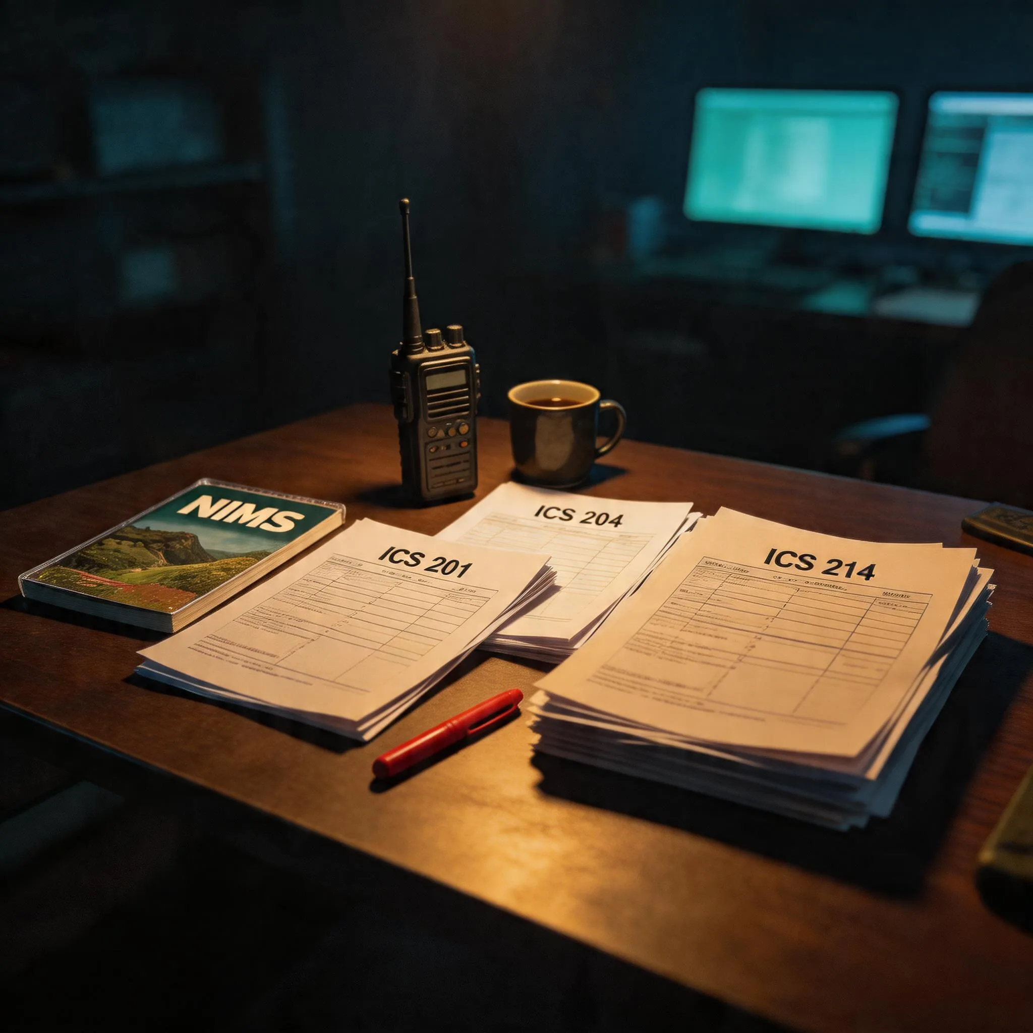 Dark tactical command environment with overlapping teal and amber circles representing the relationship between NIMS and ICS frameworks