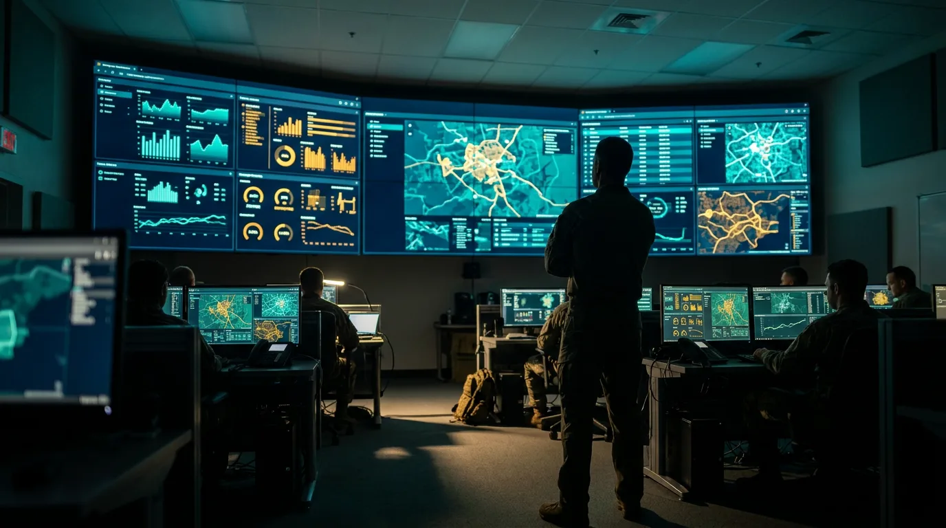 Emergency operations center with multiple glowing data displays casting teal light across a dark tactical command environment