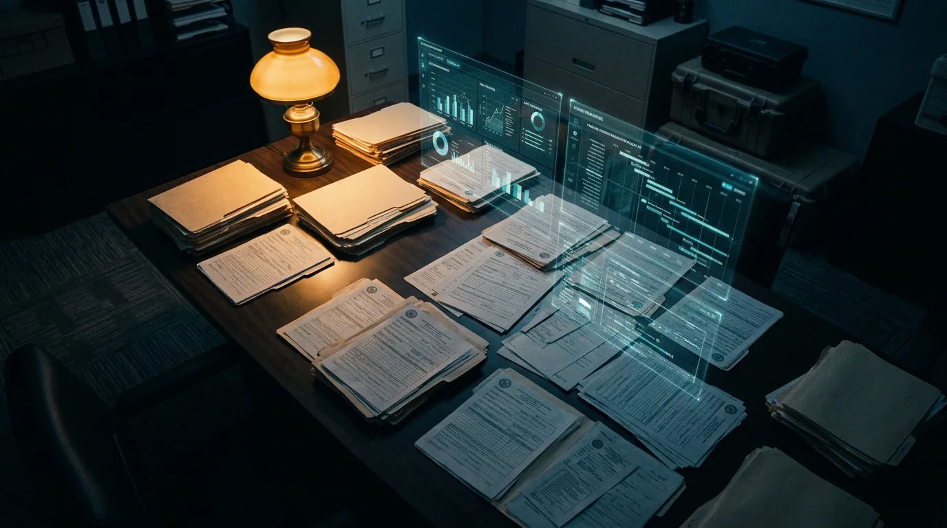 Stacks of incident documentation folders illuminated by amber light in a dark audit environment with glowing teal data overlays