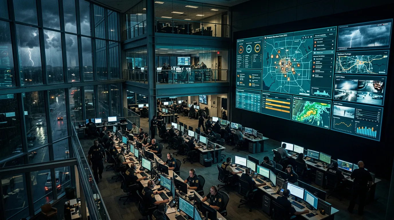 Modern emergency operations center with digital incident tracking dashboards glowing teal and amber against a dark tactical environment