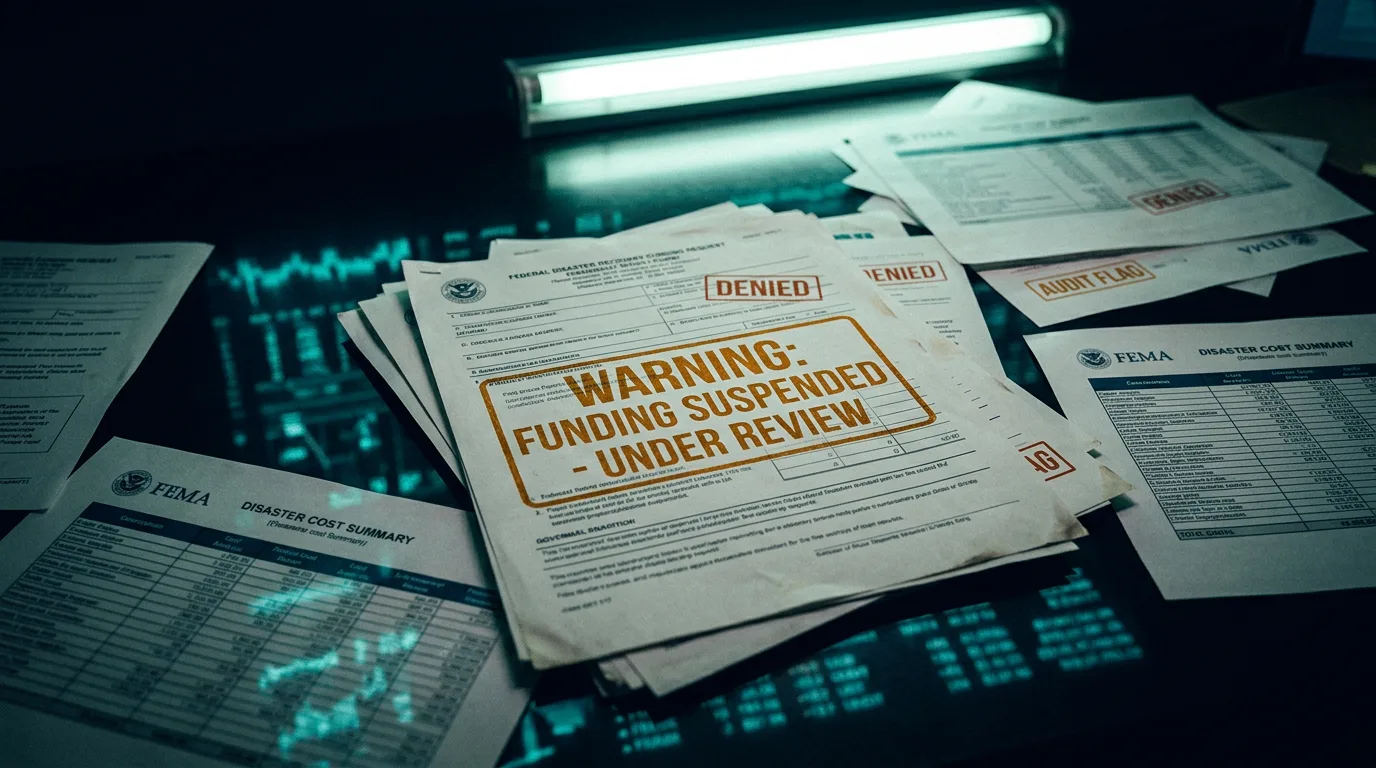 Emergency operations center dashboard glowing with amber cost data overlays against a dark command environment