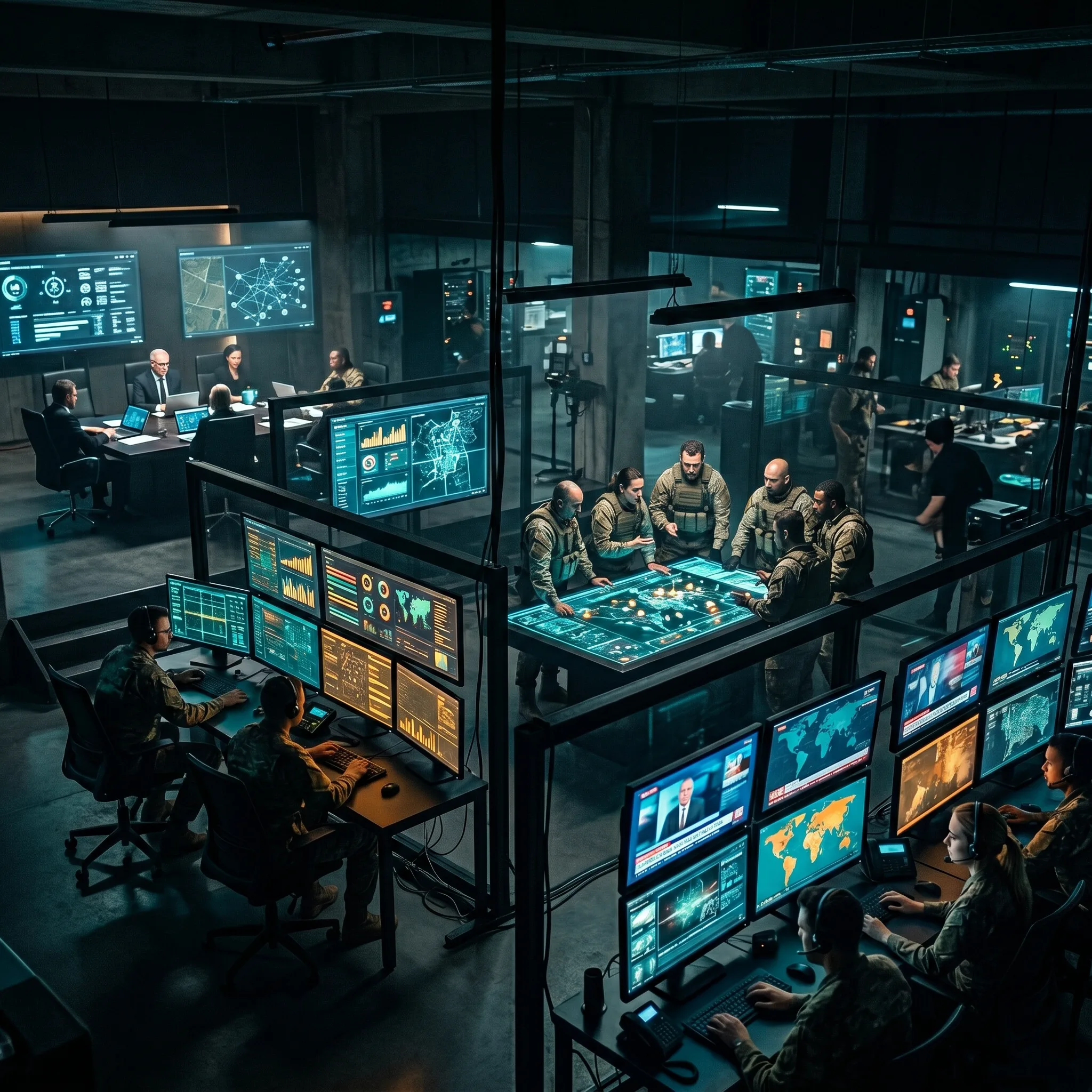 Darkened tactical command environment with four distinct coordination stations separated by dramatic teal lighting, representing the four NIMS Command and Coordination structures