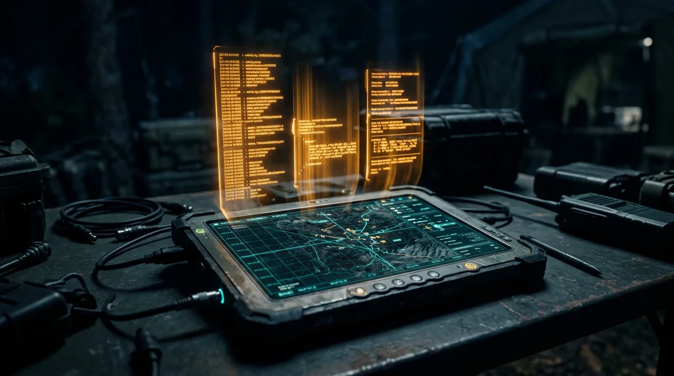 Glowing digital activity log data overlays on a dark emergency operations command table with amber financial indicators
