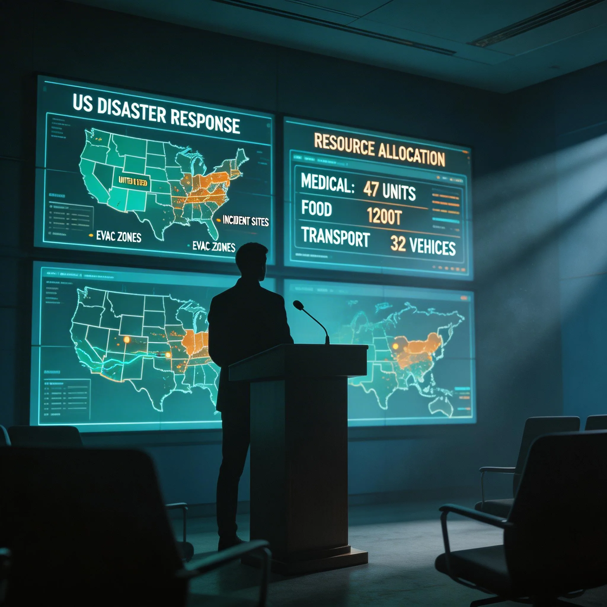 Government briefing room with dramatic lighting and glowing data displays showing disaster response coordination maps