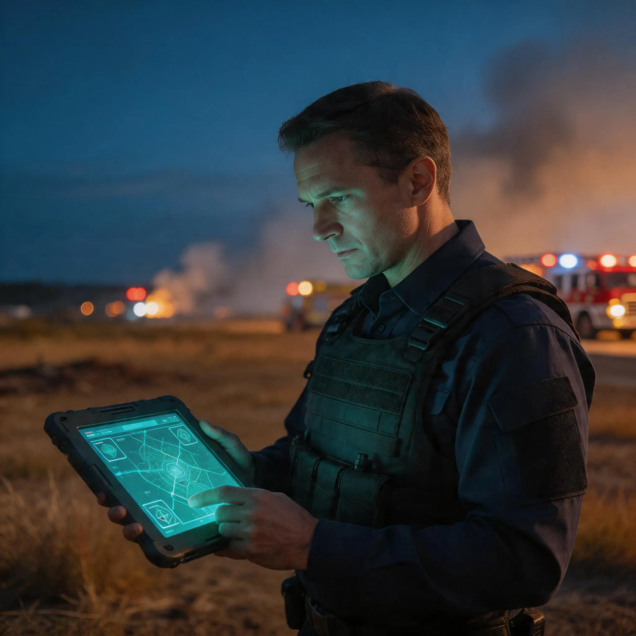 Division supervisor reviewing a digital incident action plan on a rugged mobile device at a field command post under dramatic low light