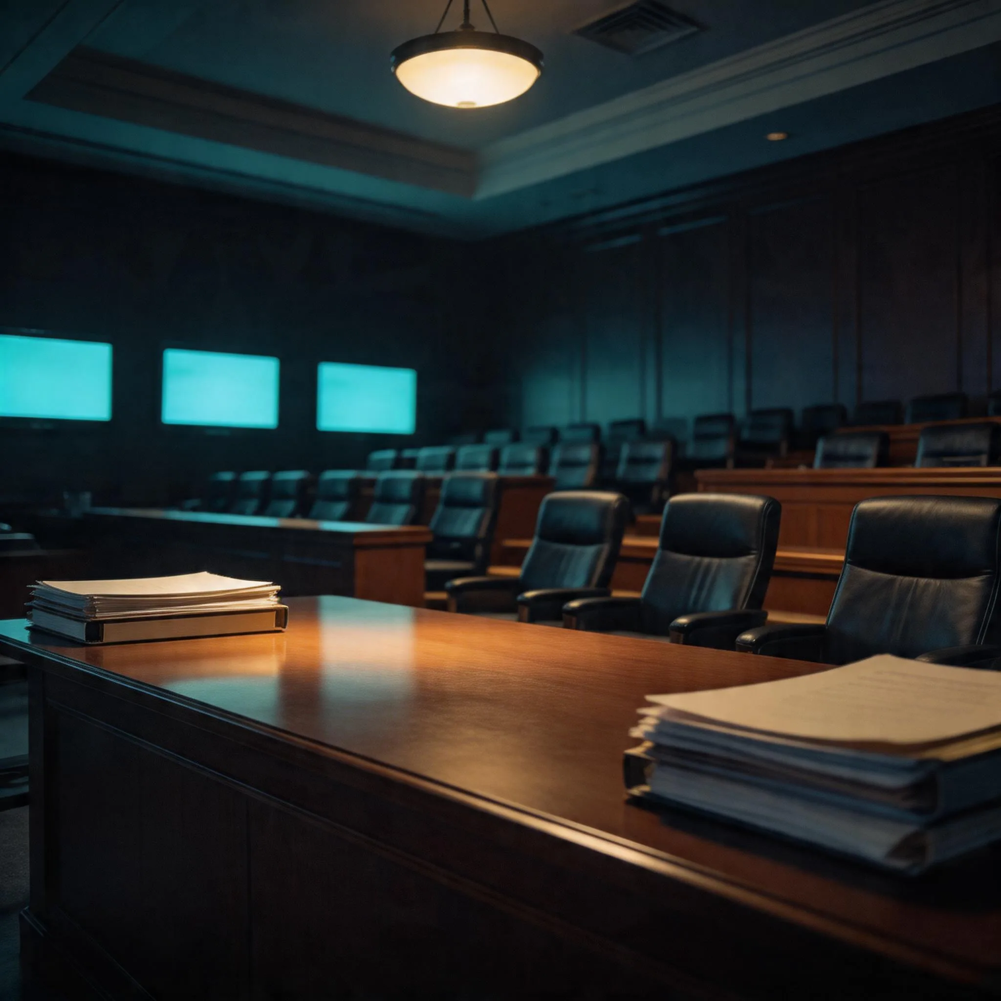 Congressional hearing room at dusk with empty witness table, dramatic lighting, and ambient glow from data displays