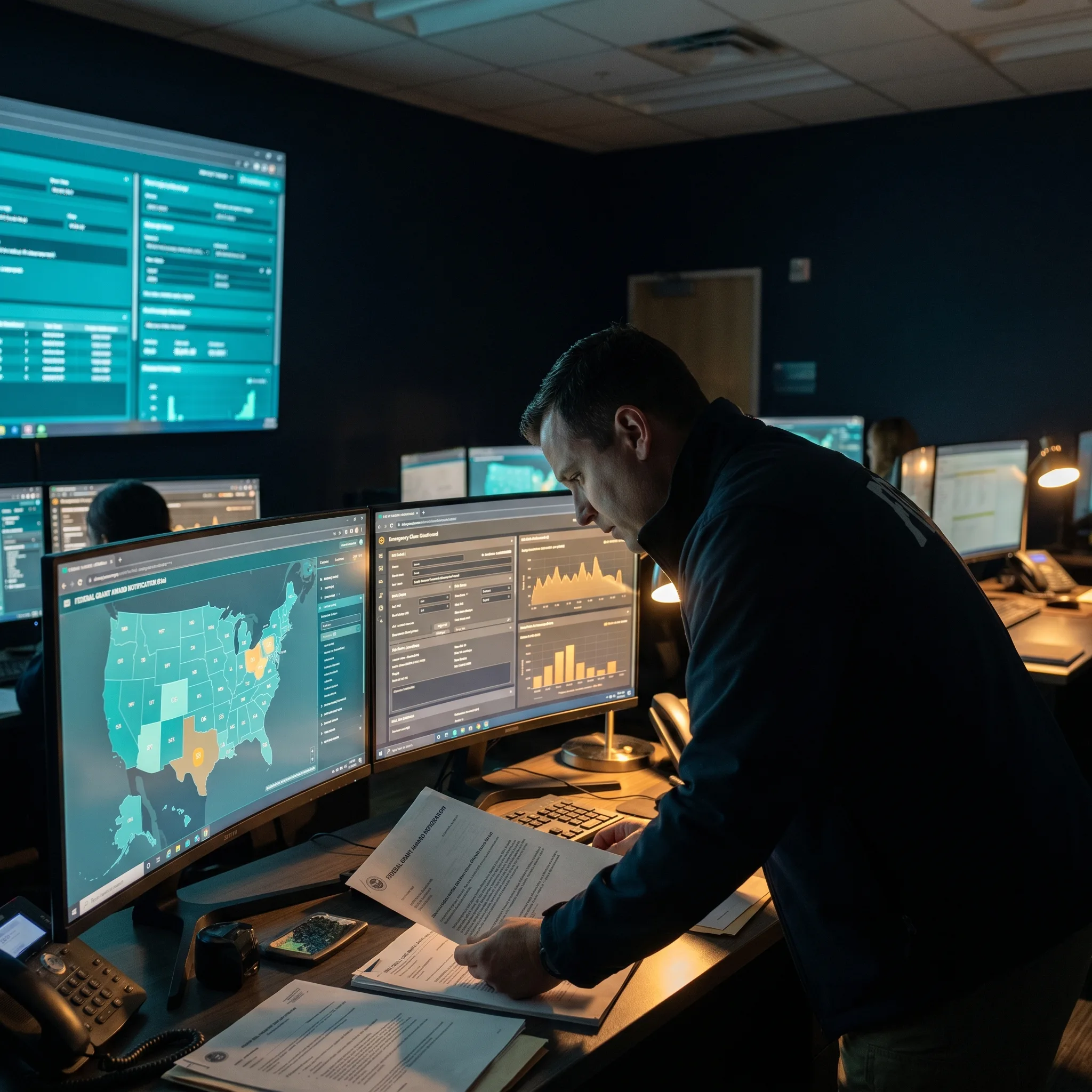 Emergency operations center workstation with grant award letter and ICS forms displayed under cinematic lighting