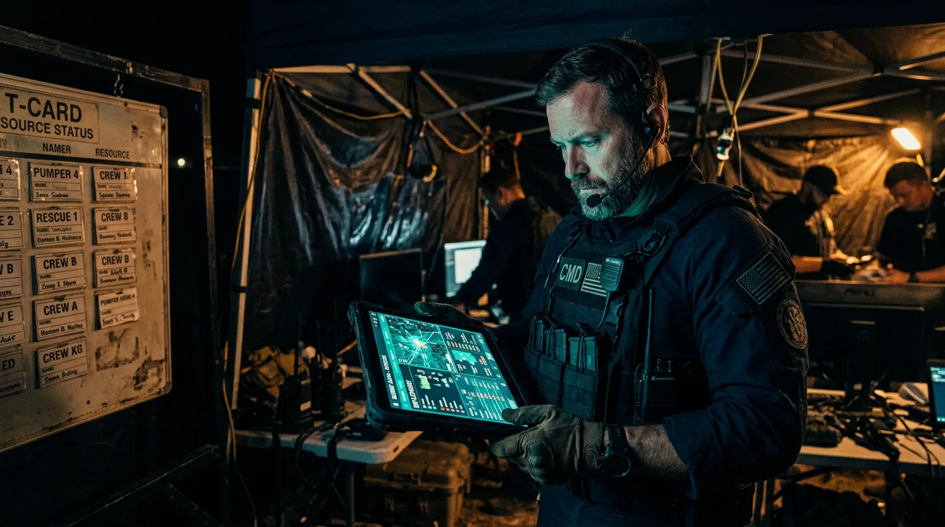 Field commander reviewing a glowing rugged tablet at a dark incident command post with a faded T-card rack visible in the background under amber operational lighting