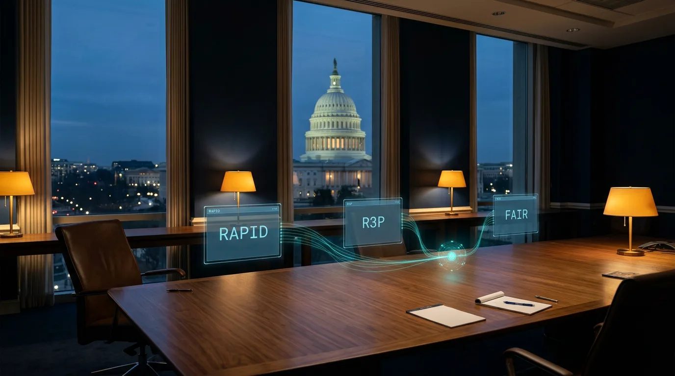 Government briefing room at dusk with the Capitol dome visible through tall windows, glowing data displays showing FEMA program reform vehicles