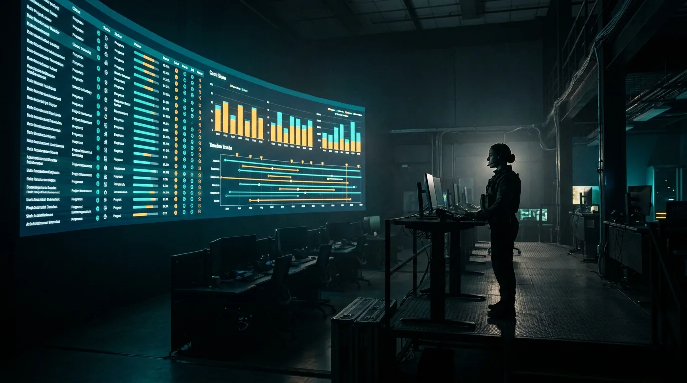 Government oversight operations room with a large illuminated public-data dashboard tracking disaster reimbursement projects, cinematic dusk lighting