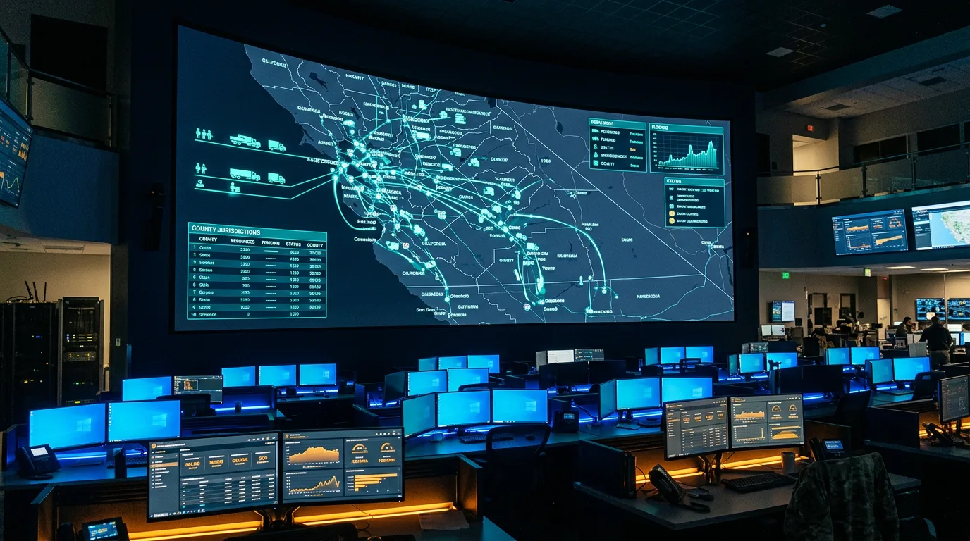 State emergency operations center at dusk with large illuminated map of multiple county jurisdictions, glowing teal data overlays tracking resources and grant disbursements