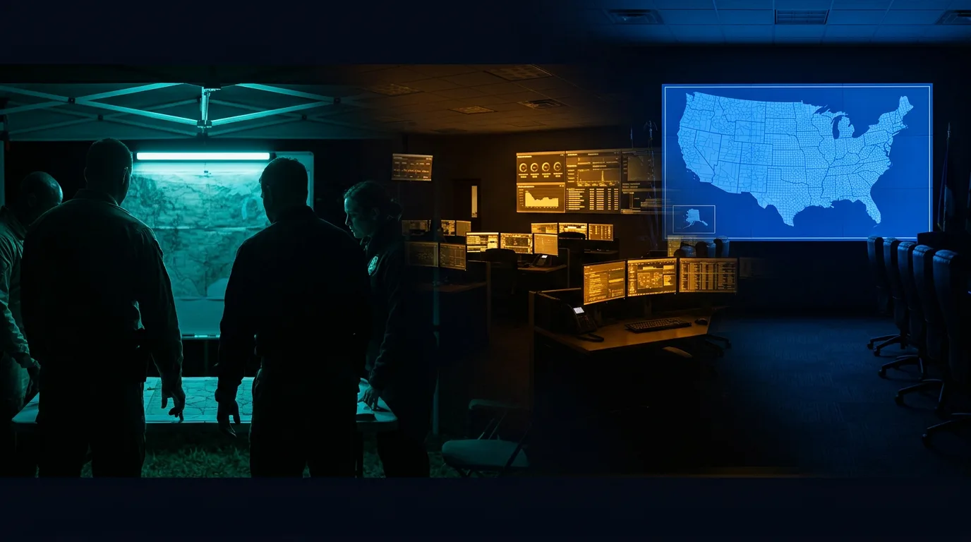 Three distinct emergency coordination environments shown in a single composition — a field unified command post, an off-scene EOC, and a state-level policy room — separated by dramatic teal and amber lighting