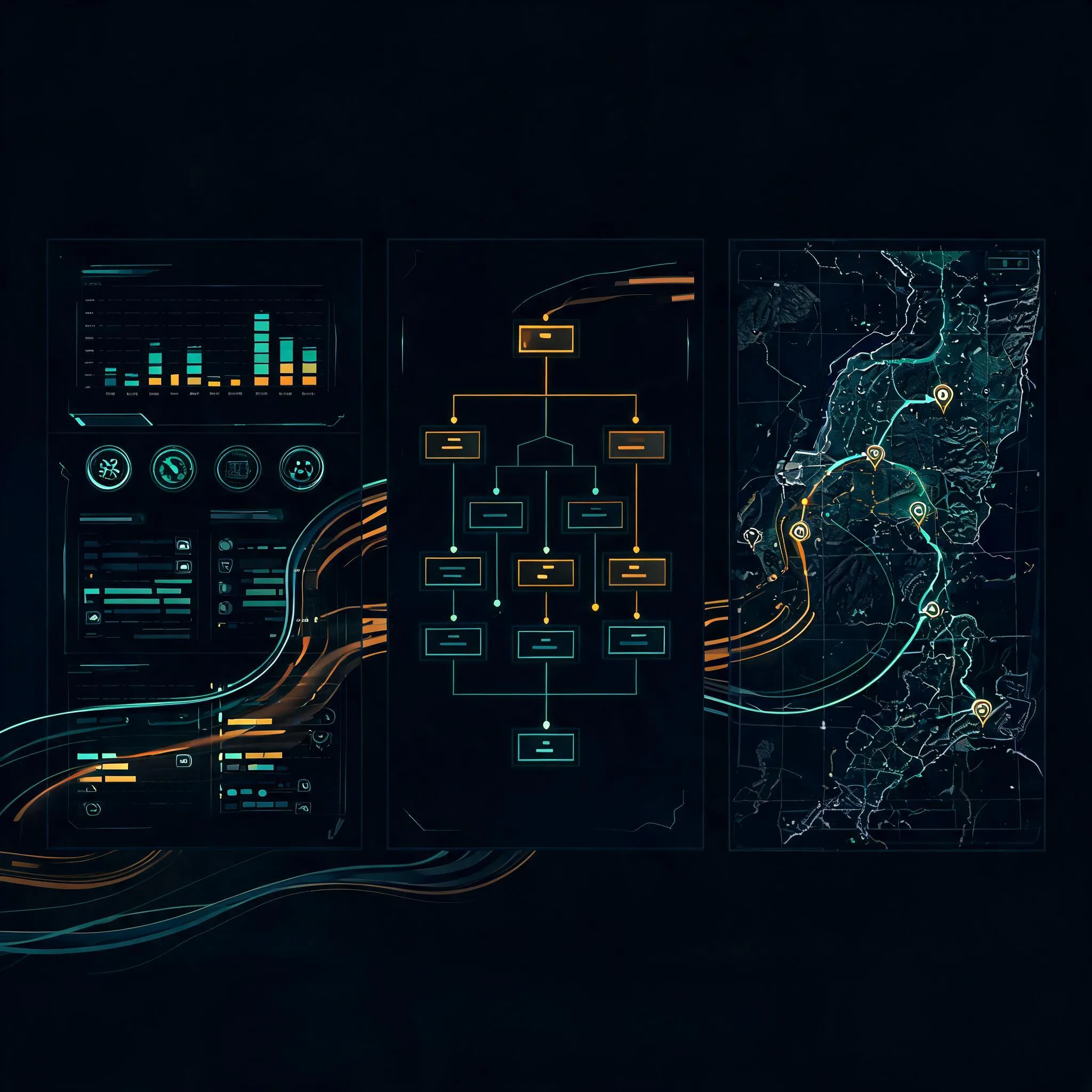 A dark command environment split into three glowing zones — a resource-tracking board, an incident command structure, and a communications interoperability map — connected by teal and amber data lines