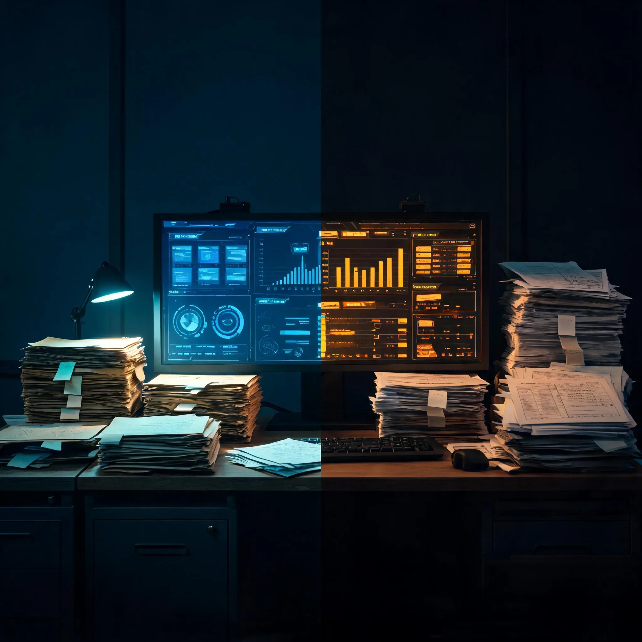 Split command environment — one side a HUD housing-recovery records desk, the other a government finance section tracking disaster reimbursement projects, cinematic dusk lighting