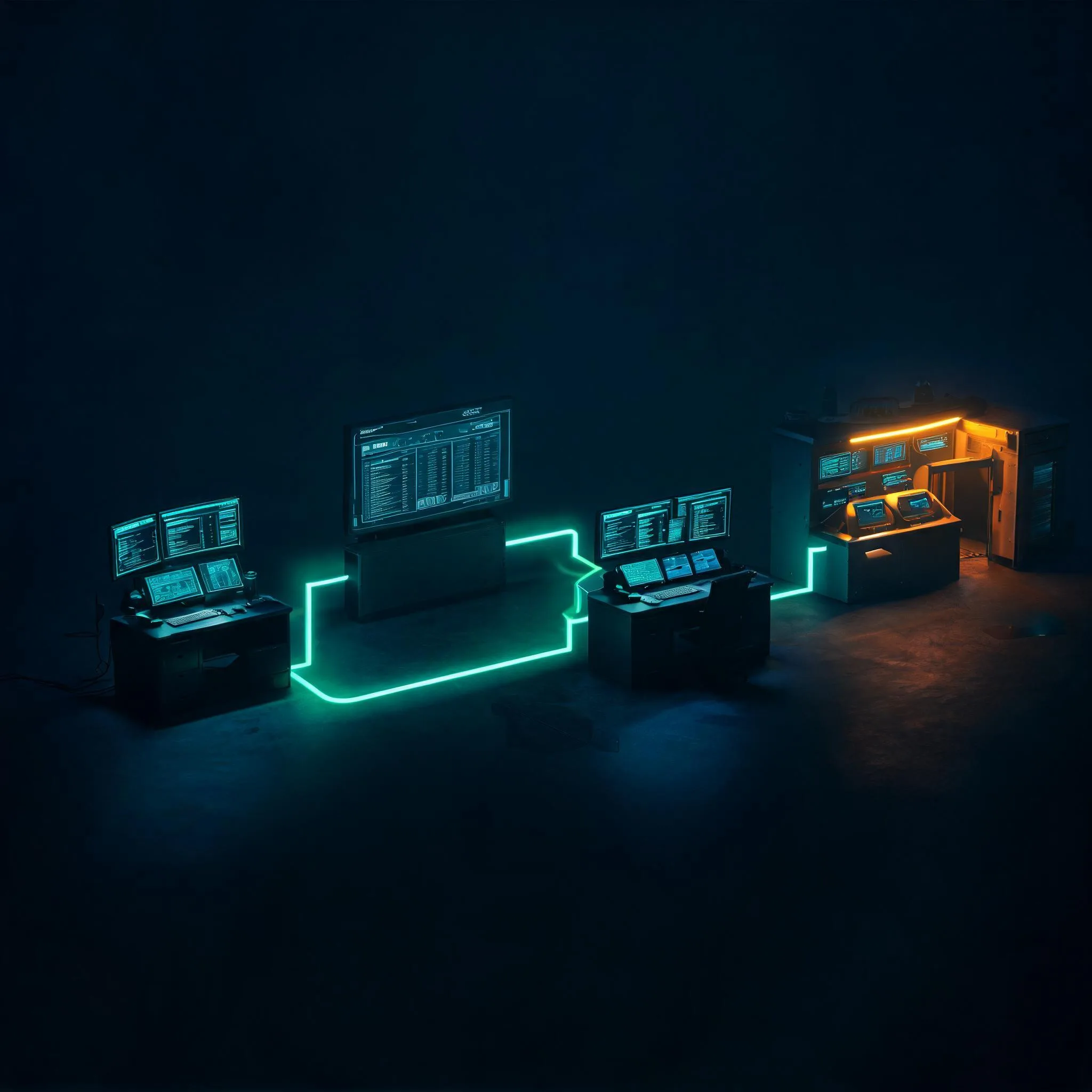 A single resource tracked across four stages of an incident — check-in, assignment, activity, and demobilization — rendered as connected glowing waypoints in a dark tactical operations environment with teal and amber lighting