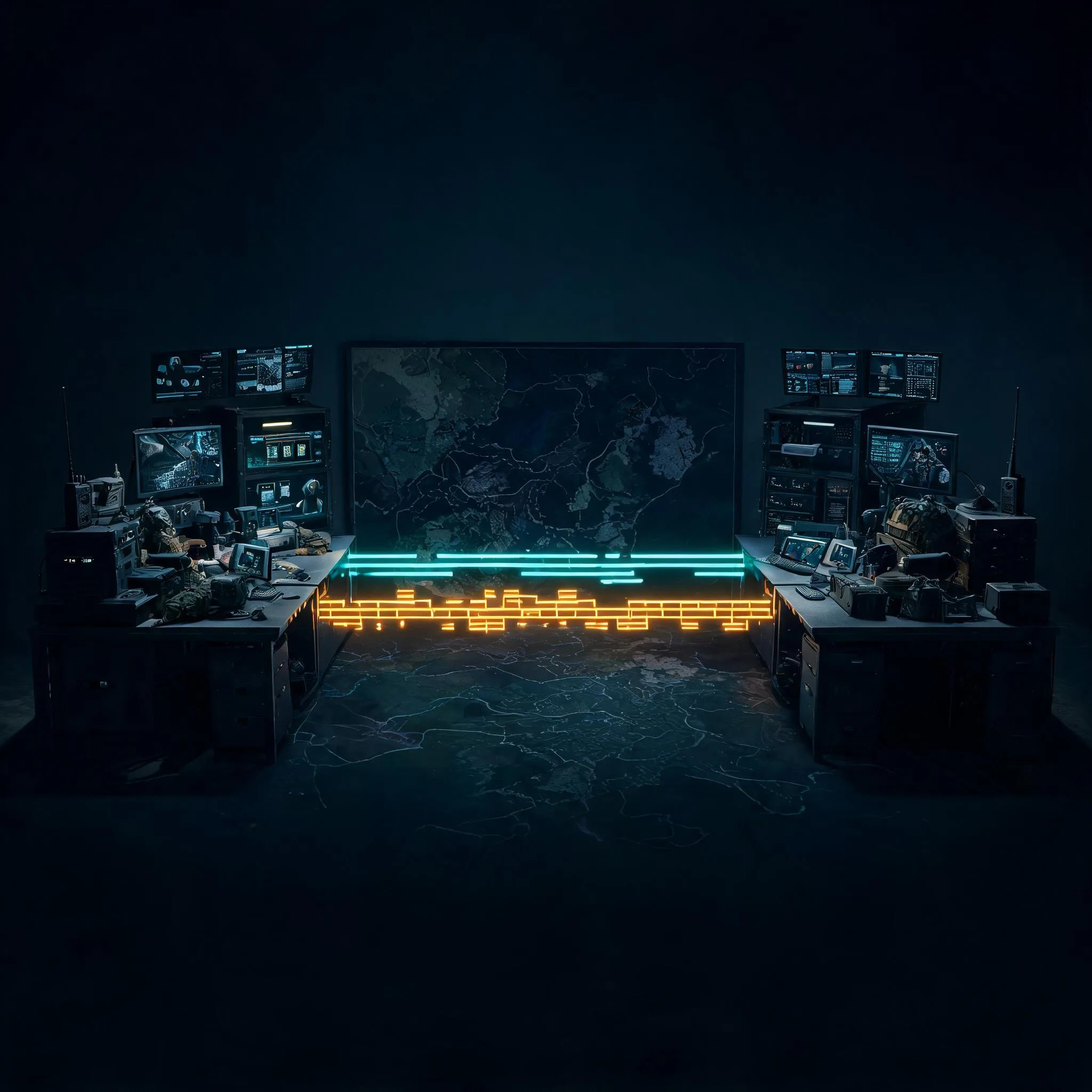 Two emergency response agencies linked across a dark tactical map by a glowing teal supply line, with an amber cost ledger forming alongside it — the handshake and the bill rendered as one continuous thread
