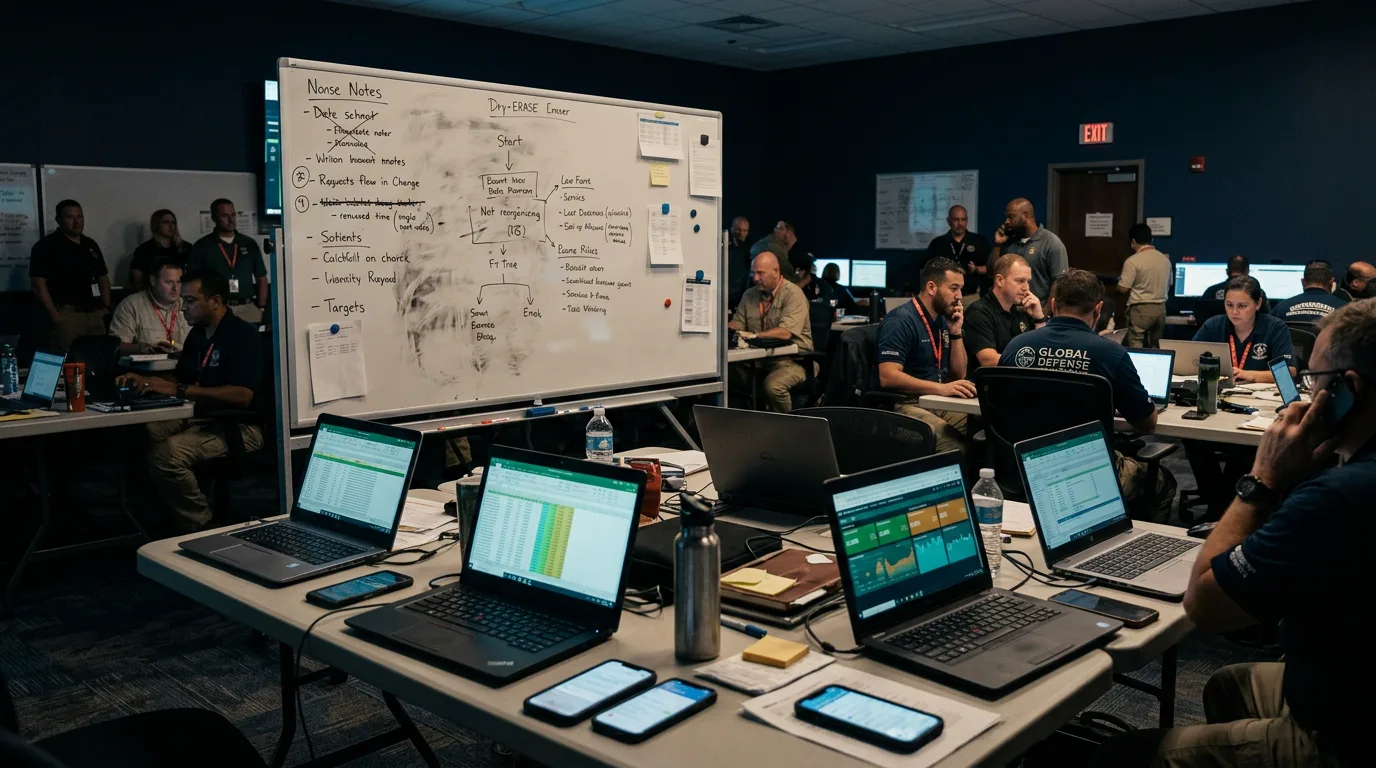A working EOC floor at night, a large status whiteboard half-erased and out of date, laptops open to spreadsheets, phones lit up on the tables, teal and amber light across the room