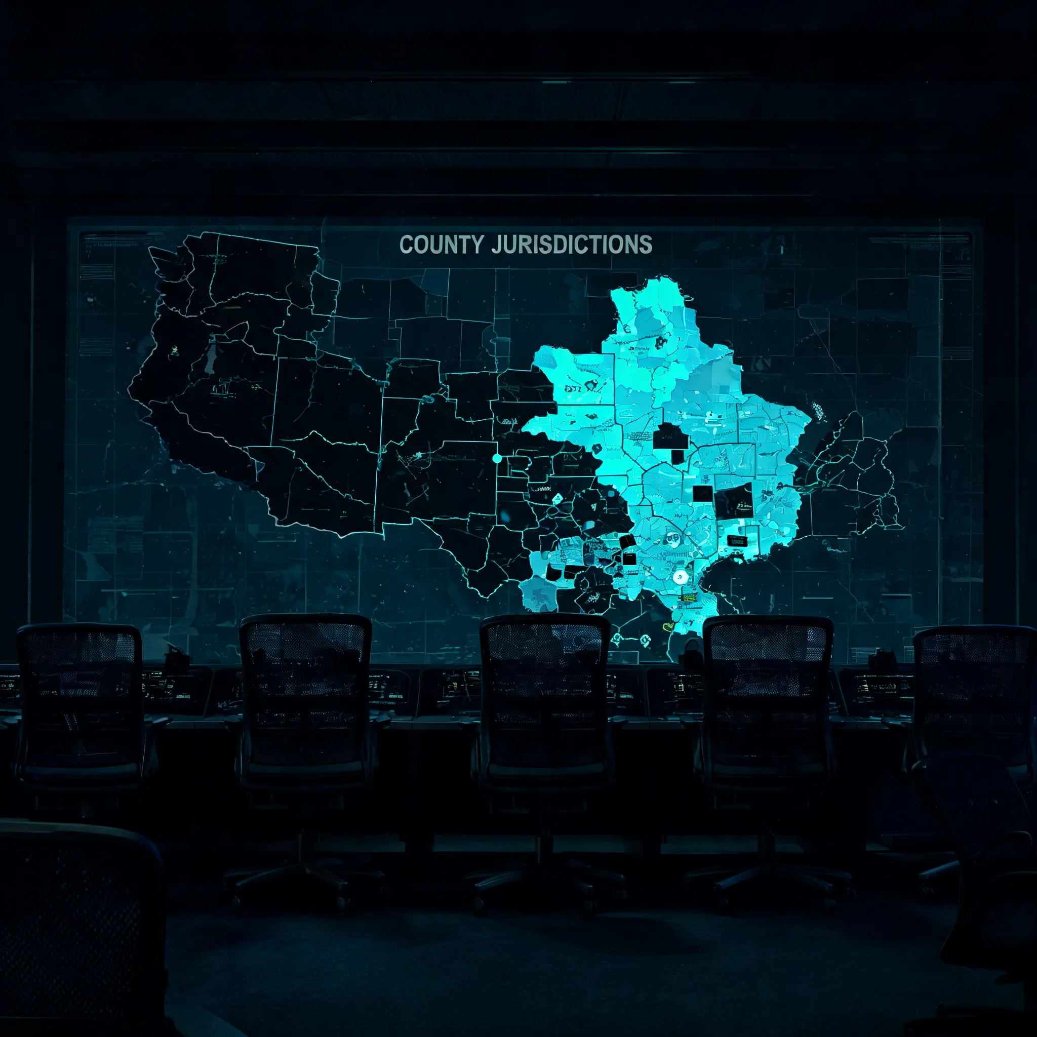 State emergency operations center at night with a wall map of county jurisdictions, several counties dark and unlit while others glow with teal data overlays