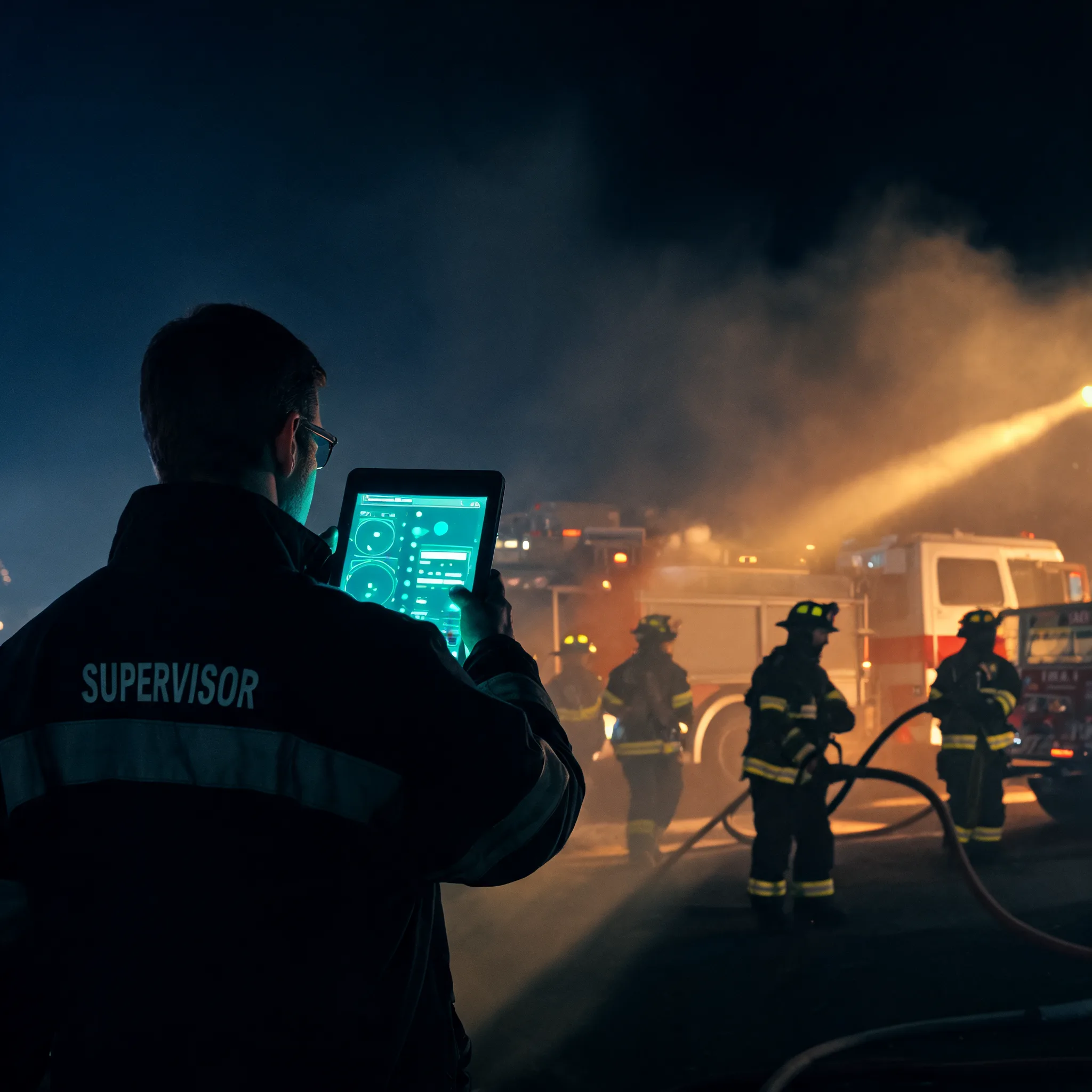 Night incident command post with a division supervisor holding a tablet, crews working under amber scene lighting in the background and teal status indicators glowing on screen