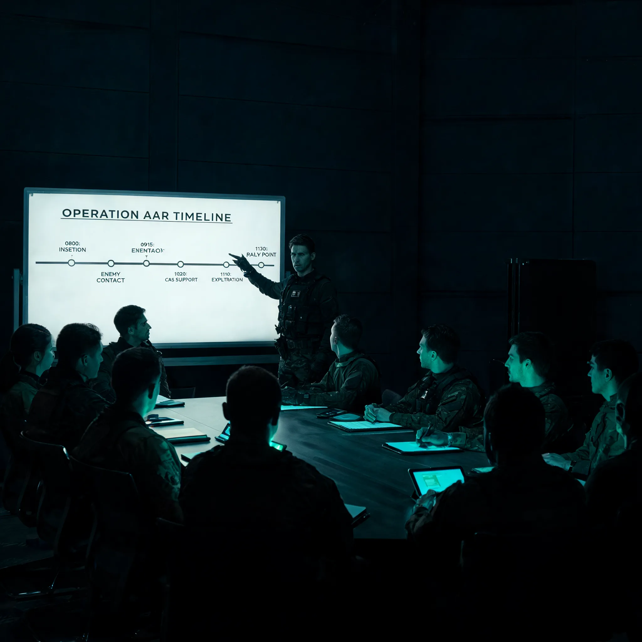 Training room after-action review session with a facilitator at a whiteboard timeline, participants seated around a conference table under low tactical lighting with teal screen glow