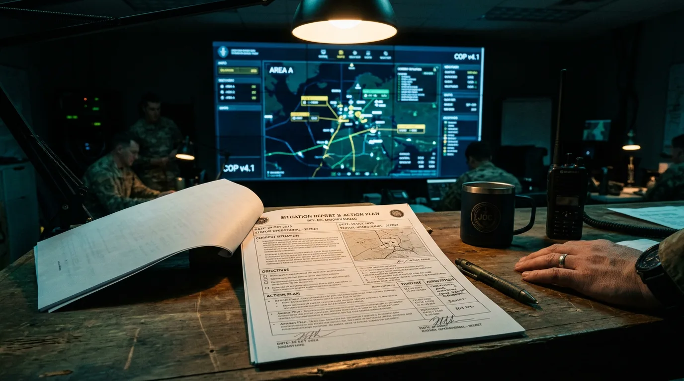 A situation report and EOC action plan laid out on a briefing table under focused light, with a wall display showing the common operating picture behind them in teal and amber