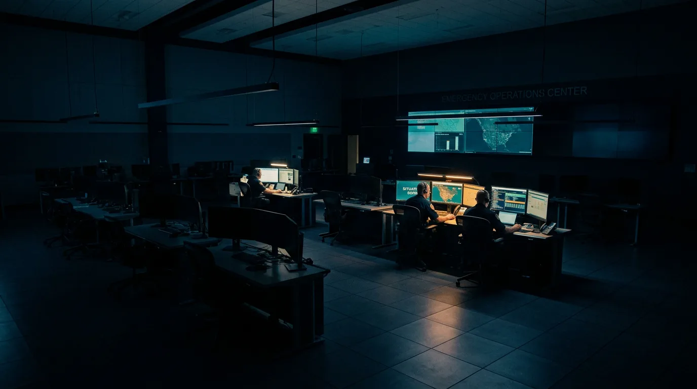 A partially staffed emergency operations center at enhanced activation, three of twelve workstations lit and occupied, the remainder dark, amber and teal display glow across an otherwise empty floor