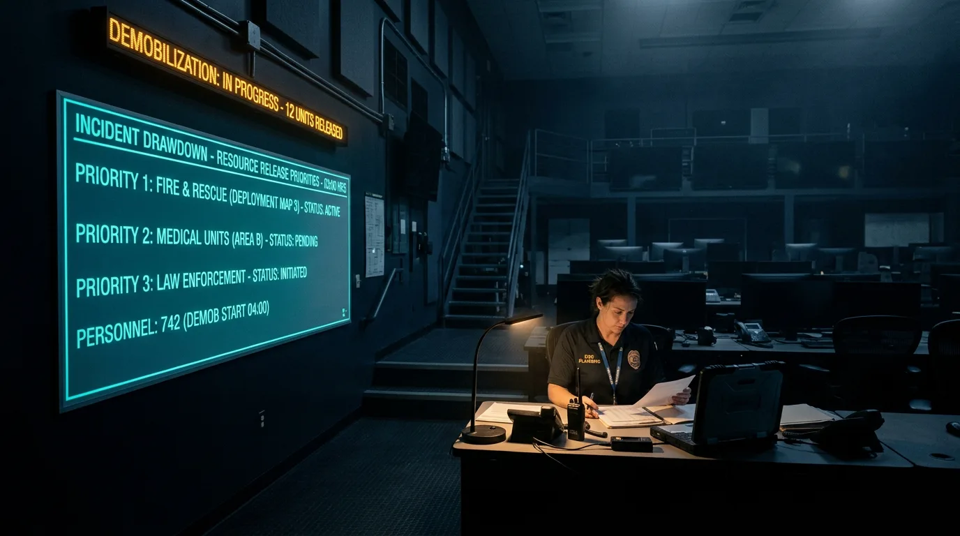 A darkened incident command post at night with a planning board showing resource release priorities, teal and amber interface glow illuminating an emptying operations floor