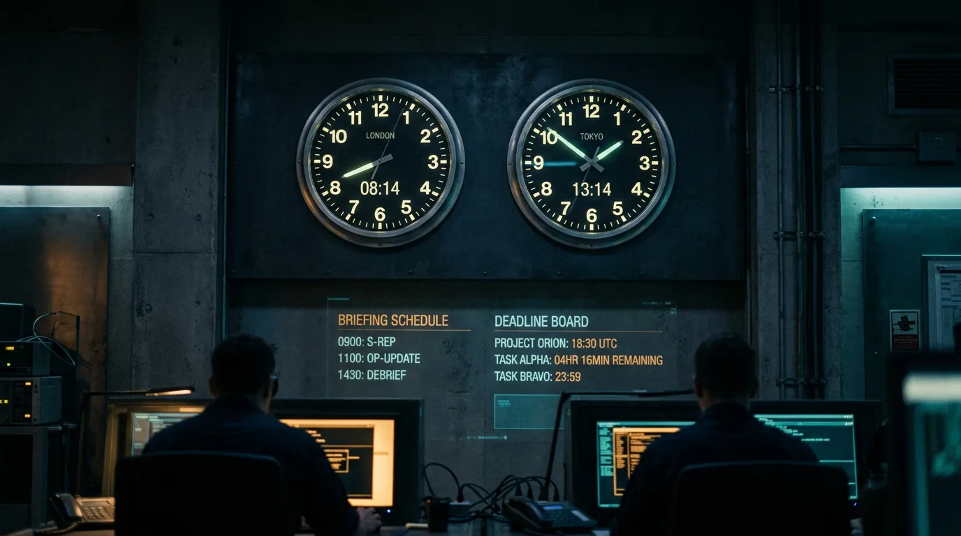 Two clocks side by side on a darkened EOC wall showing different operational period cycles, briefing schedule and SitRep deadlines projected beneath them in teal and amber