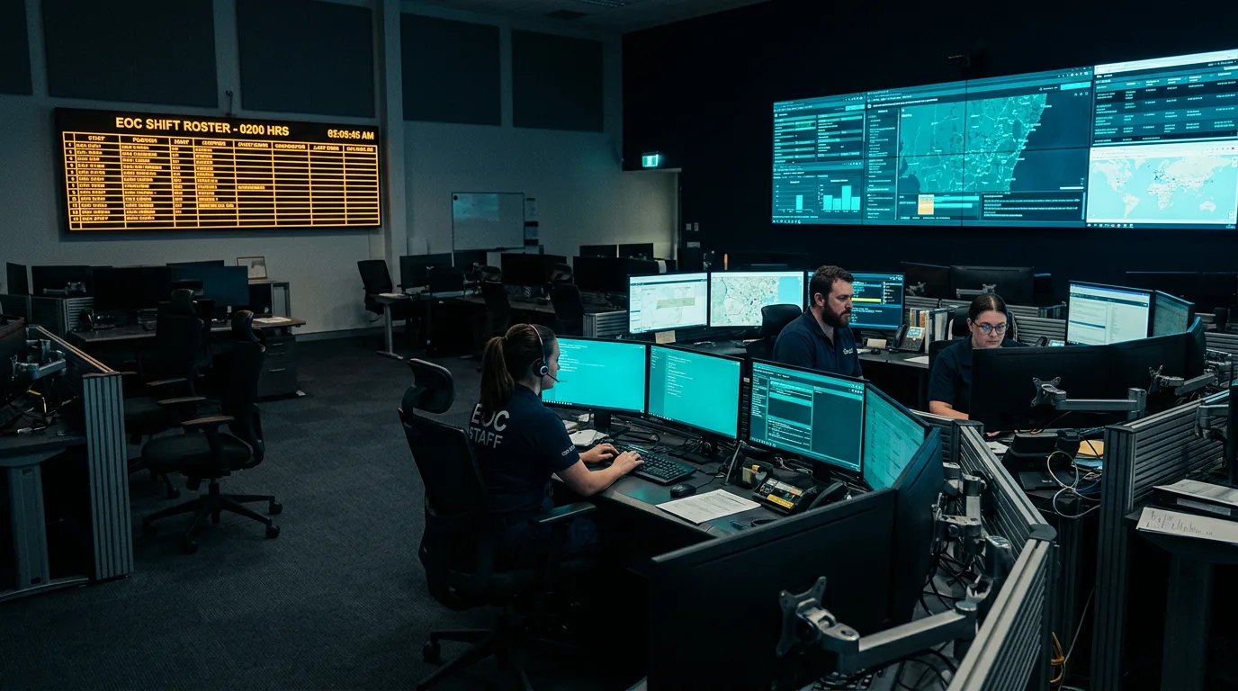 Mostly empty EOC at night with three staff working multi-monitor consoles beneath an amber 0200 shift roster board and teal situational displays
