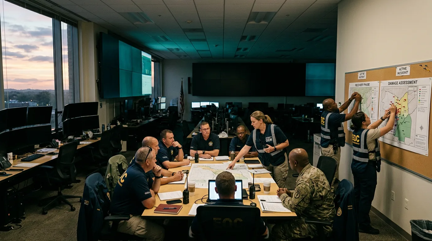 EOC staff gathered at a briefing table at dawn while responders post damage assessment and recovery phase maps on the wall