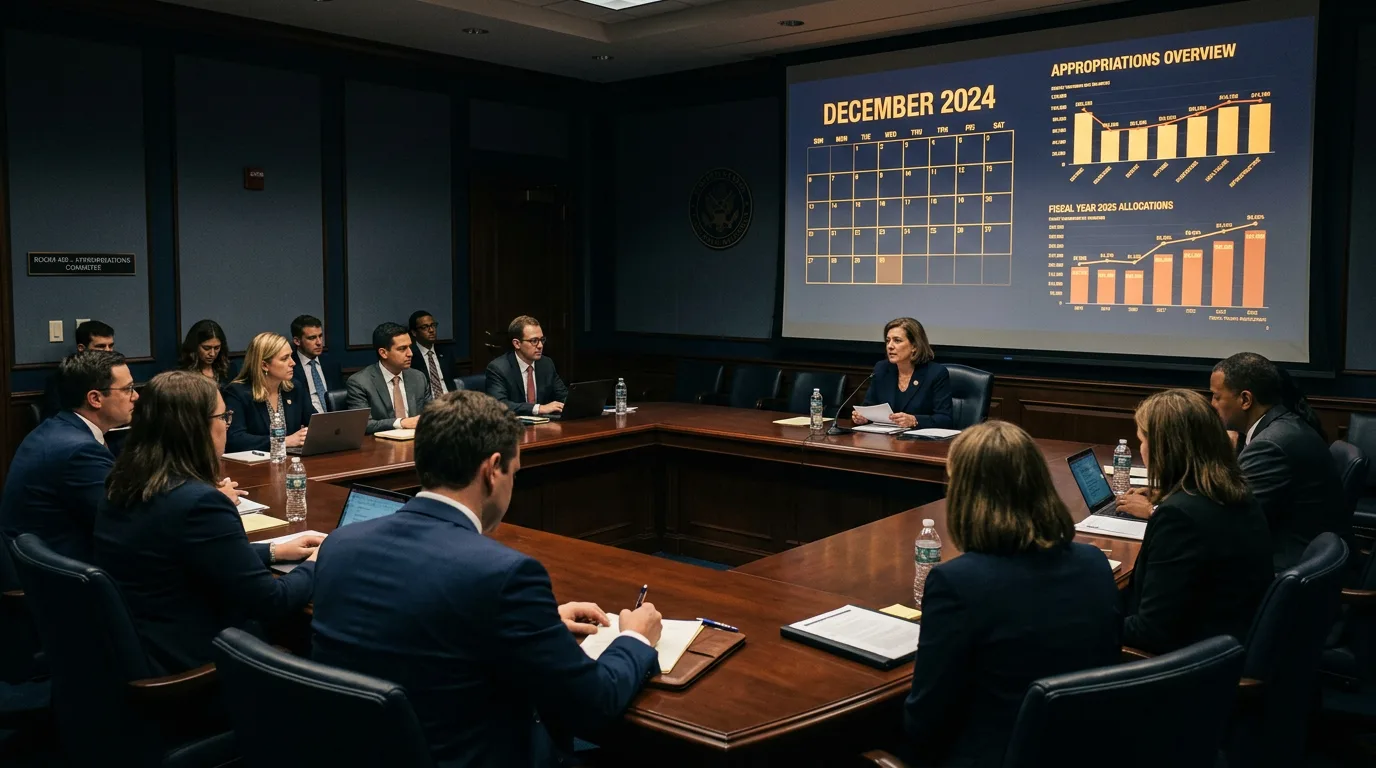 Appropriations briefing in a dark wood-paneled committee room, a December calendar and amber budget charts projected on the screen