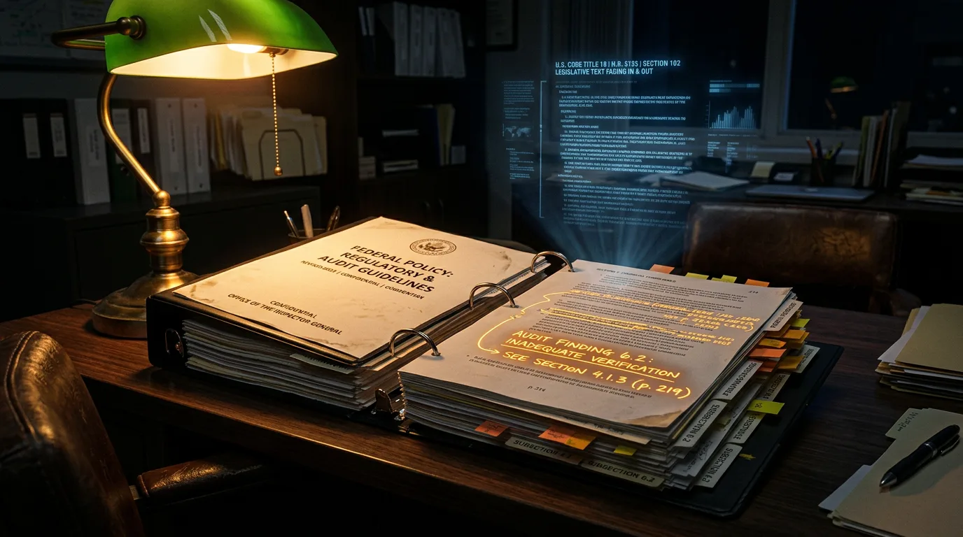 Thick federal policy binder under a green desk lamp with an amber-highlighted audit finding and legislative text glowing in the background