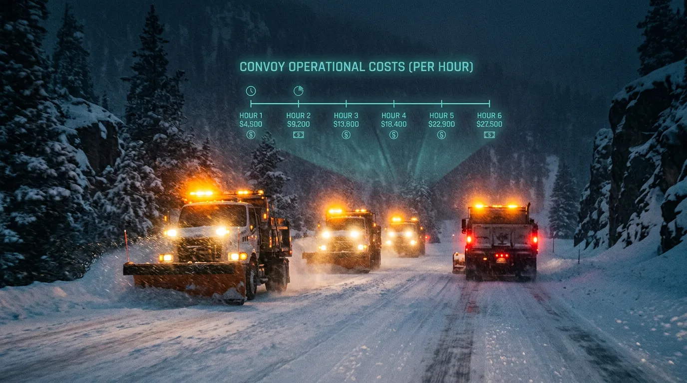 Snowplow convoy with amber beacons on a mountain road at night in heavy snowfall, a teal hour-by-hour cost timeline overlaid above